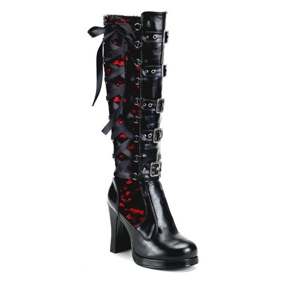 Demonia Shoes - Demonia Red and Black Corset Laced Buckled Boots